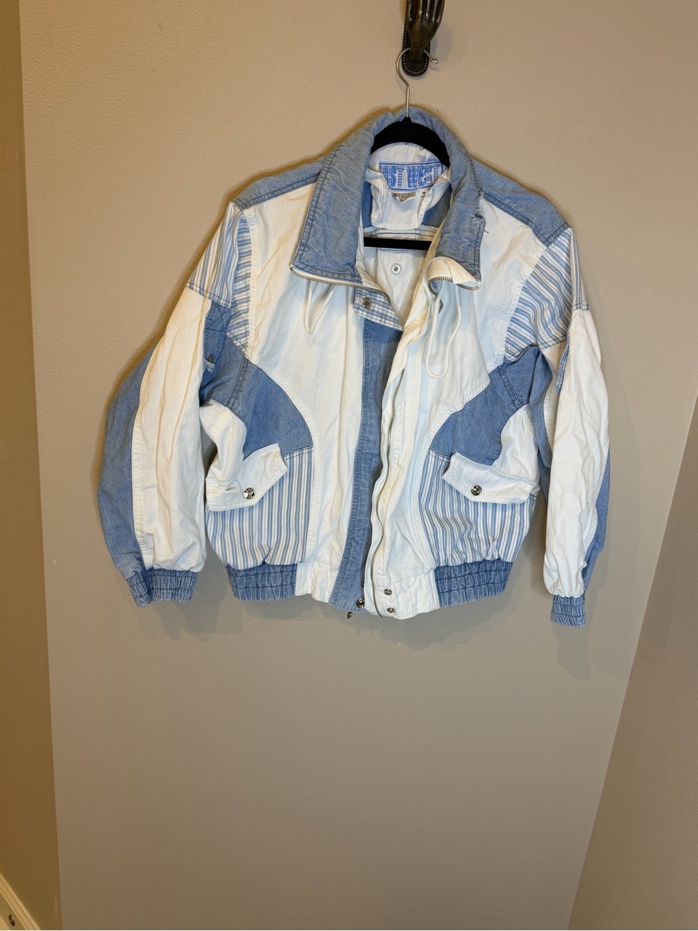 Retro White & Light Blue Colorblock Women’s Denim Jacket
